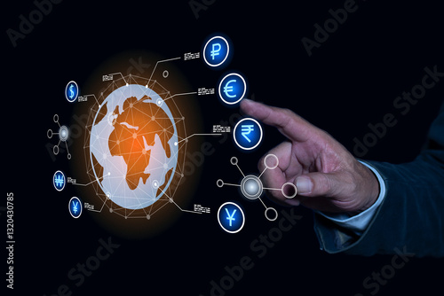 Obraz na płótnie Businessman pointing money symbols of financial transactions, online exchange and the importance of managing money, internet network security technology. w salonie