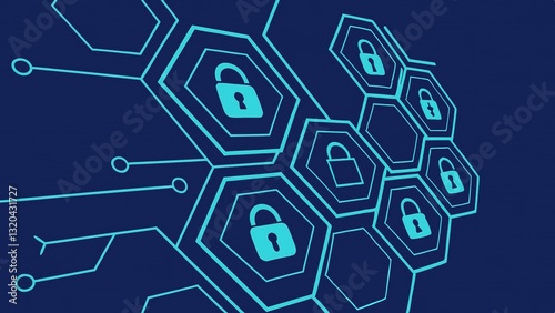 A Secure Network Of Interconnected Digital Locks, Ensuring Data Safety And Online Protection, Depicted In A Vibrant Honeycomb Pattern With Teal Accents On A Dark Blue Background