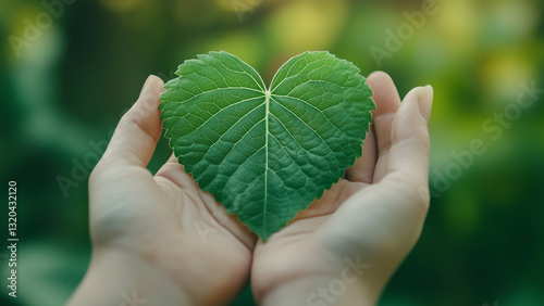 pair of hands holding heart shaped green leaf
