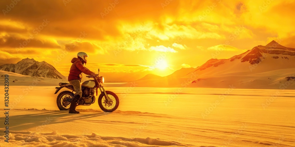 Fototapeta premium Panoramic Sunset Snow Biker Ride: Epic Winter Motorcycle Adventure Photography