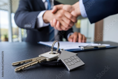 Keys with a Home Keychain in Sharp Focus, Background Showing a Handshake Between Agent and Client After Signing