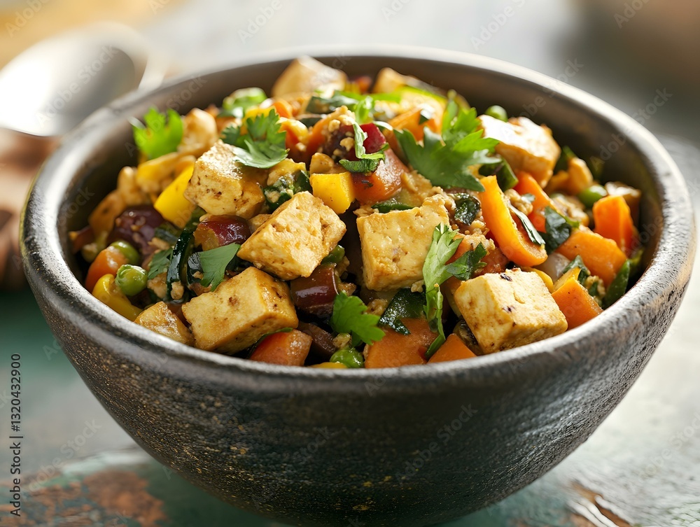 Tofu Scramble with Vegetables in Rustic Bowl Tofu Scramble with Vegetables in Rustic Bowl