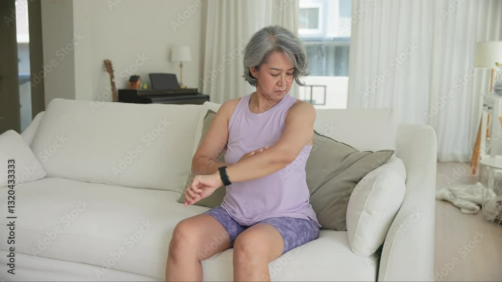Asia adult people middle age old woman itch leg arm elbow body dry skin hand touch neck stress sad pain sit at home elder health care aging beauty illness issue. Asian female aged mosquito bite itchy. Asia adult people middle age old woman itch leg arm elbow body dry skin hand touch neck stress sad pain sit at home elder health care aging beauty illness issue. Asian female aged mosquito bite itchy.