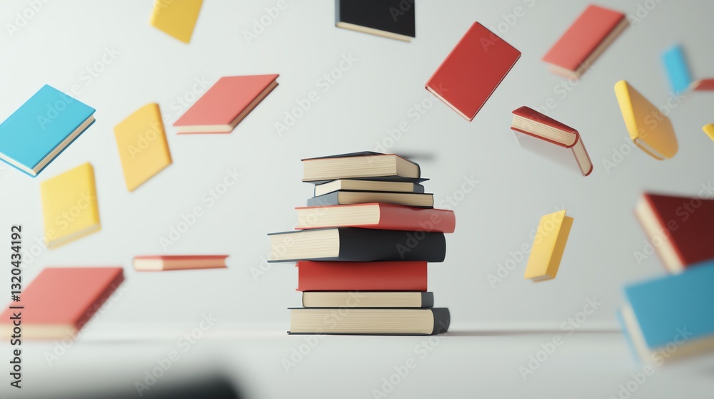 Colorful books floating above a stack of literature. Colorful books floating above a stack of literature.