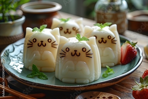 Obraz na płótnie Korean Dessert Pudding Cats With Mint w salonie