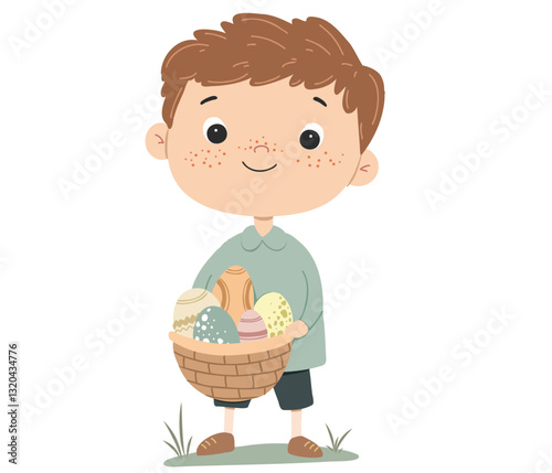 A cute little boy happily holding a basket filled with colorful Easter eggs.