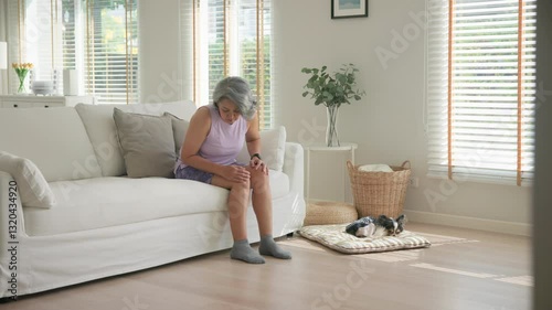 Asia adult people middle age old woman itch leg arm elbow body dry skin hand touch neck stress sad pain sit at home elder health care aging beauty illness issue. Asian female aged mosquito bite itchy.