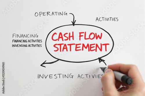 Hand drawing a cash flow statement diagram on a white background, with arrows pointing to operating, financing, and investing activities. Concept of financial planning. Ai generative