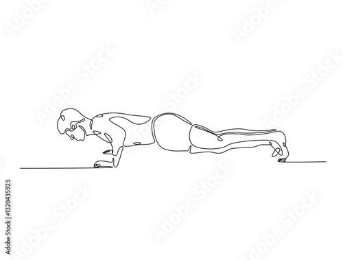 Continuous line art drawing of man doing push up illustration. Fitness activity concept in one line drawing vector design. Editable stroke.