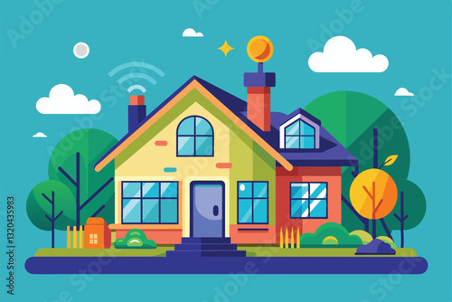 A colorful illustration depicting a customizable smart home with wireless features and lush greenery, Smart home Customizable Semi Flat Illustration
