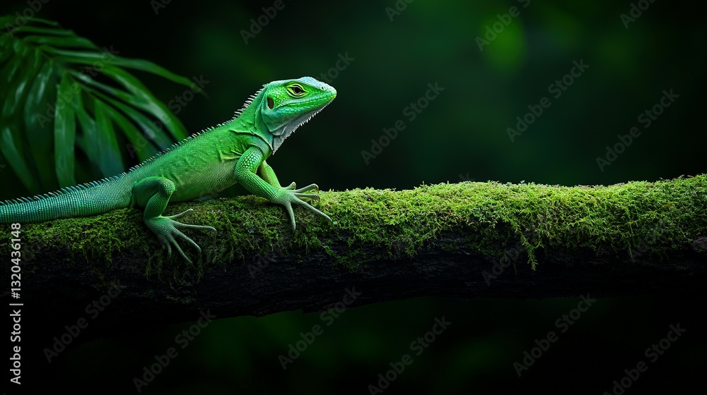 Fototapeta premium A vibrant green lizard perched on a moss covered branch