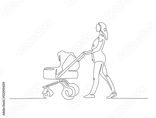 Continuous line art drawing of young mom walking with baby stroller illustration. Mother with baby carriage in one line drawing vector design. Editable stroke.