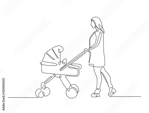 Continuous line art drawing of young mom walking with baby stroller illustration. Mother with baby carriage in one line drawing vector design. Editable stroke.