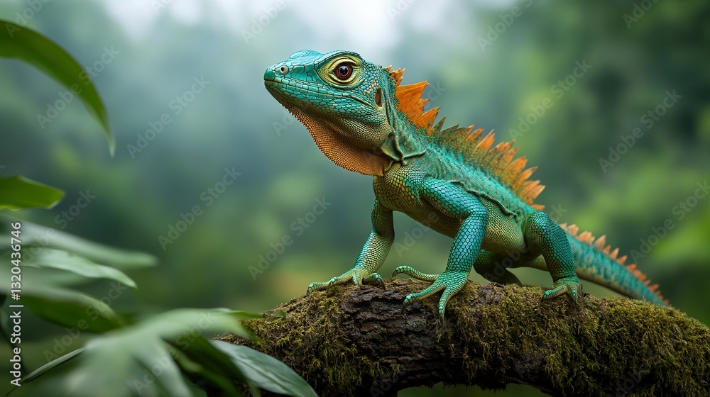 Fototapeta premium A Colorful Lizard Resting Gracefully on a Moss Covered Branch