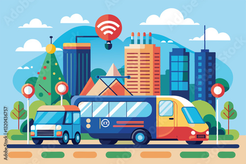 This illustration features a vibrant cityscape highlighting various transport modes integrated with smart technology, Smart mobility Customizable Semi Flat Illustration