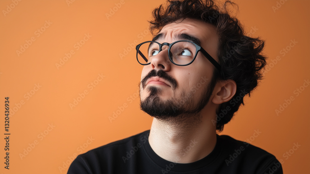 Thoughtful young man in glasses looking up against an orange background Thoughtful young man in glasses looking up against an orange background