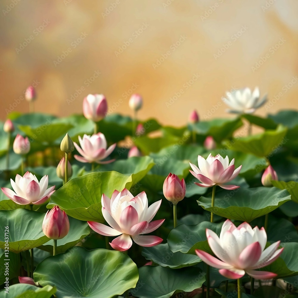 Fototapeta premium A picturesque setting featuring delicate lotus flowers gracefully rising above the water.