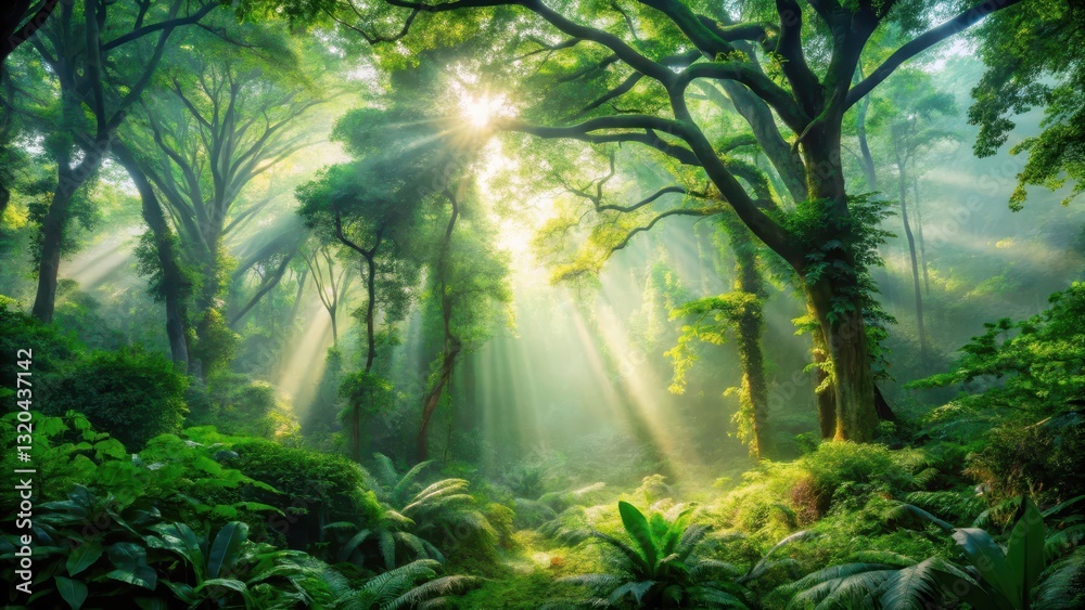 Fototapeta premium Soft sunlight filters through dense foliage creating a mystical atmosphere amidst towering trees and vibrant greenery, verdant landscape, misty ambiance