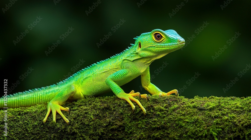 A bright green lizard resting on a moss covered branch A bright green lizard resting on a moss covered branch