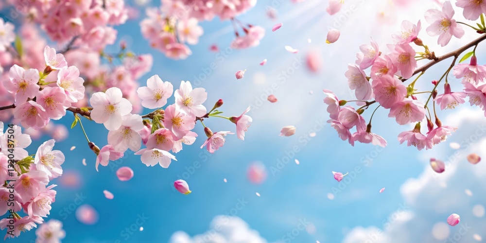 Soft pink petals gently fall from a blooming cherry blossom tree against a clear blue sky with a few fluffy white clouds Soft pink petals gently fall from a blooming cherry blossom tree against a clear blue sky with a few fluffy white clouds