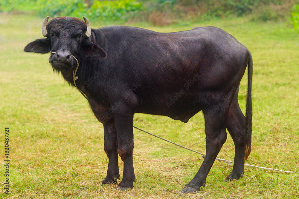 Murrah buffalo standing in green pasture Murrah buffalo standing in green pasture