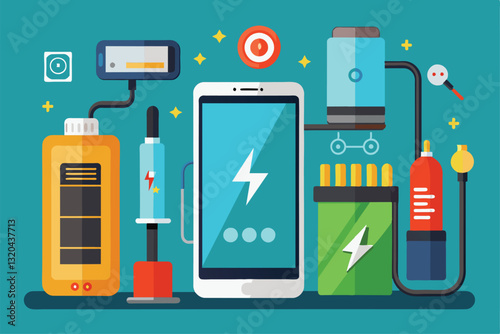 A collection of battery components and tools for enhancing smartphone battery life and performance, Smartphone battery performance and long life battery energy power source maintenance