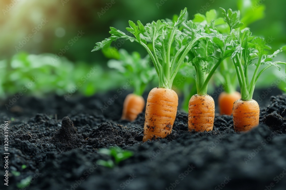 Fresh Carrots Growing In Fertile Soil