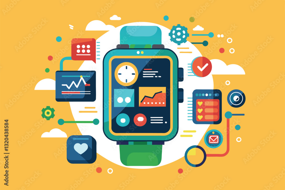 A vibrant illustration of a customizable smartwatch showcasing multiple apps and features with colorful graphics, Smartwatch Customizable Disproportionate Illustration A vibrant illustration of a customizable smartwatch showcasing multiple apps and features with colorful graphics, Smartwatch Customizable Disproportionate Illustration