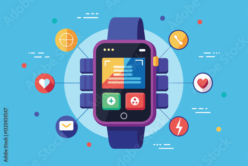A vibrant smartwatch features unique app icons and a flexible design, showcasing digital capabilities, Smartwatch Customizable Disproportionate Illustration