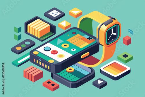 A vibrant illustration showcases a customizable smartwatch with various app icons, highlighting digital creativity, Smartwatch Customizable Isometric Illustration