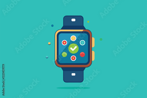 A semi-flat smartwatch showcases various colorful app icons on its screen against a turquoise backdrop, Smartwatch Customizable Semi Flat Illustration