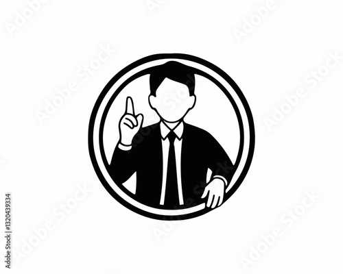 Simple monochrome vector illustration of a confident business figure in formal attire gesturing with one hand symbolizing leadership knowledge or guidance within a clean circular border