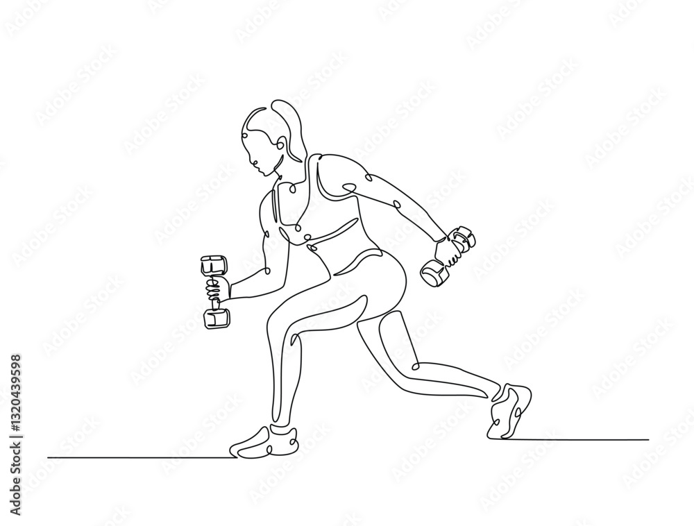 Obraz premium Continuous line art drawing of beautiful woman workout using barbell. woman training in sport gymnasium club center in one line drawing illustration. Editable stroke.