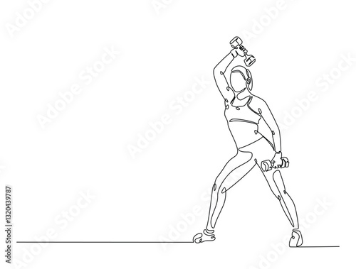 Continuous line art drawing of beautiful woman workout using barbell. woman training in sport gymnasium club center in one line drawing illustration. Editable stroke.