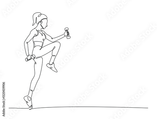 Continuous line art drawing of beautiful woman workout using barbell. woman training in sport gymnasium club center in one line drawing illustration. Editable stroke.