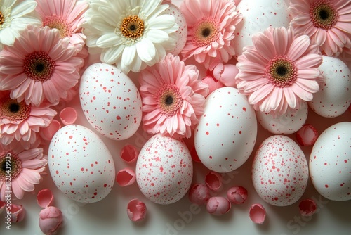 Obraz na płótnie Pink Daisies With Spotted White Easter Eggs w salonie