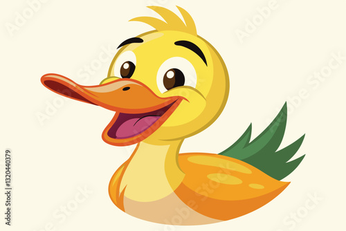 A cartoon duck with vibrant yellow feathers and a broad smile captures a joyful moment in a playful scene, Smiling duck