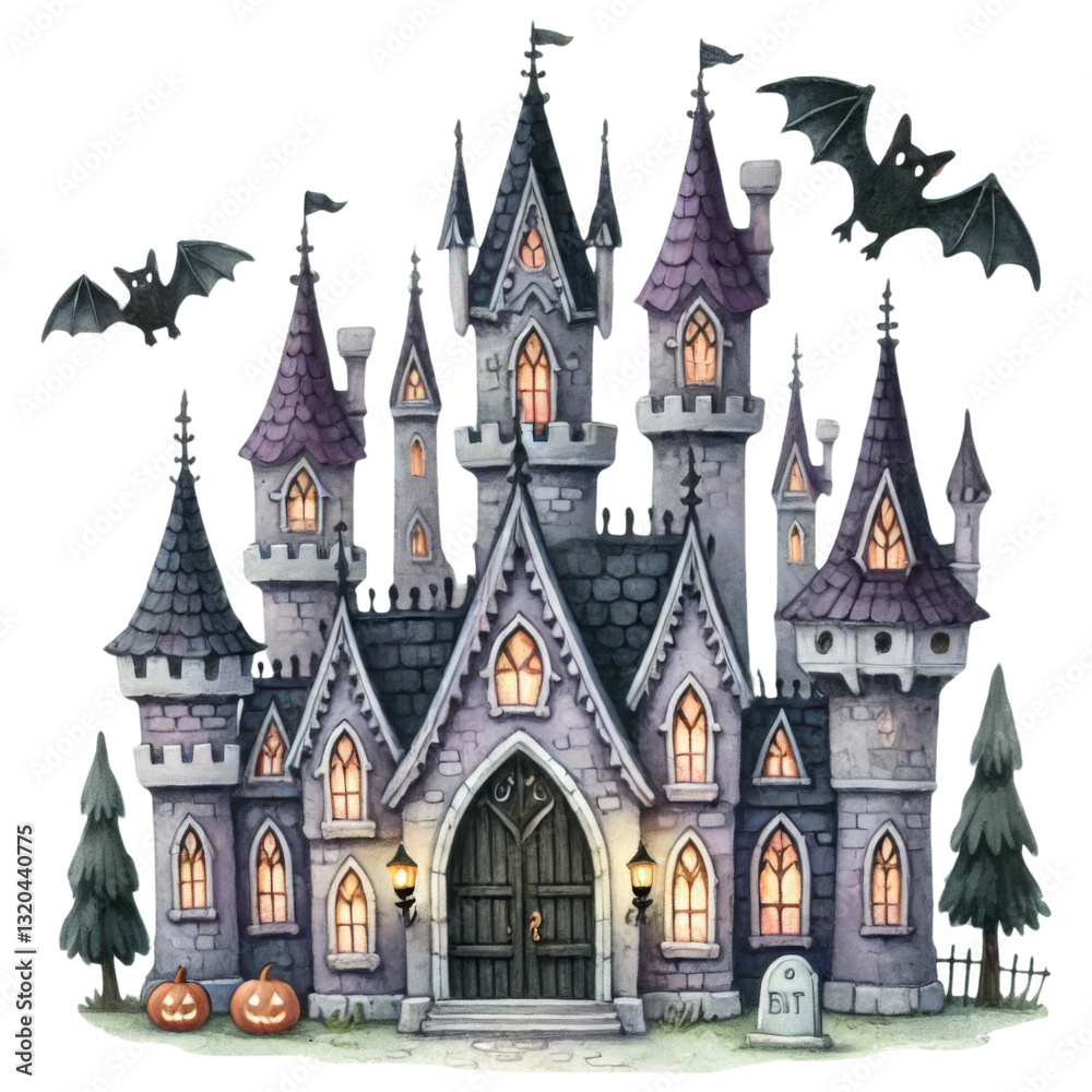 Haunted house concept. A spooky castle with gothic architecture, illuminated windows, bats flying around, and pumpkins at the entrance, creating a Halloween-themed atmosphere.