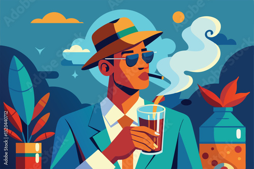 A well-dressed person savors a cigar while holding a beverage with ice, surrounded by greenery, Smoking cigars and beverage with ice cube,