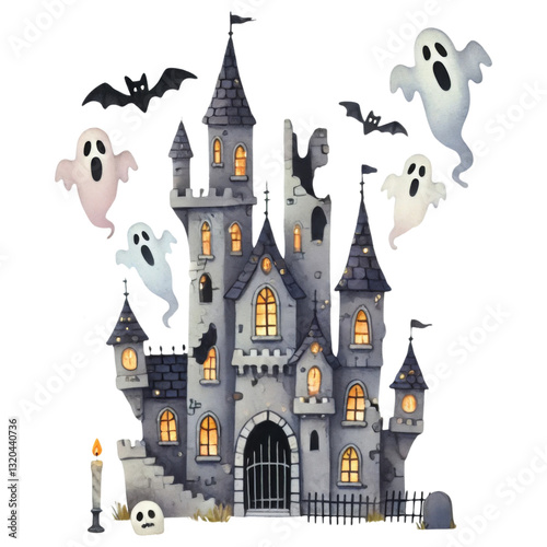 Haunted house concept. A spooky castle with ghosts and bats, featuring a dark, whimsical design perfect for Halloween themes.