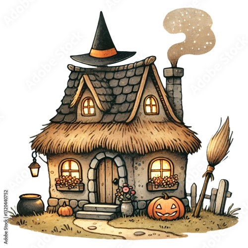Haunted house concept. A whimsical witch's cottage adorned with pumpkins and a broom, emanating a cozy, spooky vibe, perfect for Halloween.