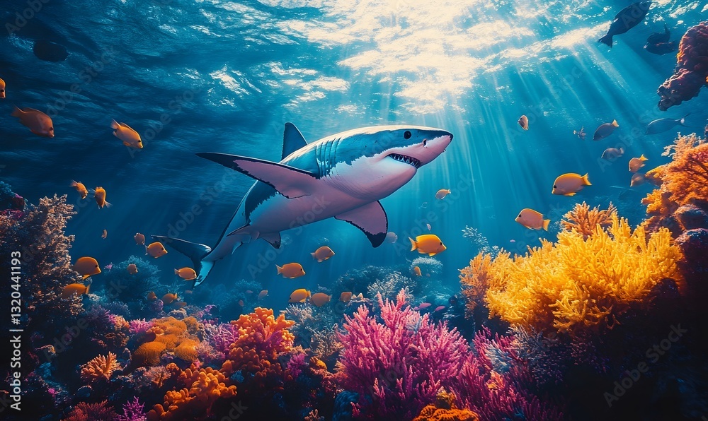 Fototapeta premium a shark swimming in a vibrant coral reef filled with marine life.