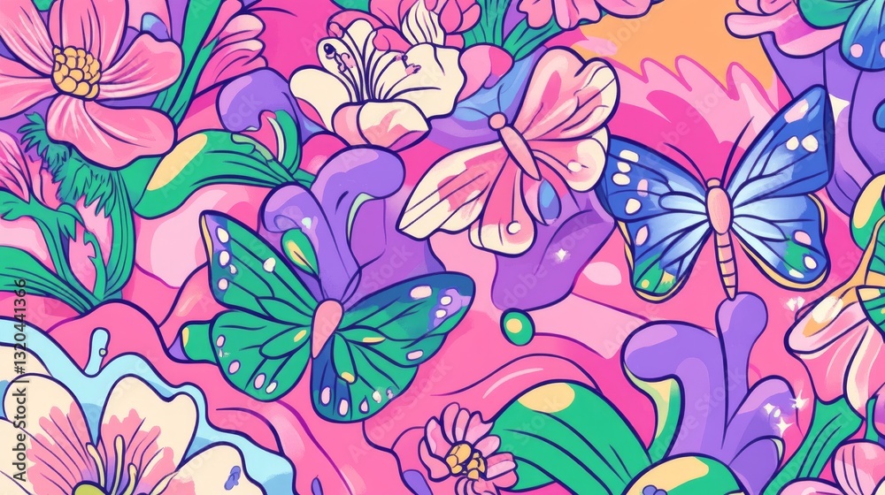 112.A vibrant Y2K sticker collection, featuring colorful butterflies, flowers, waves, and smiley faces. The designs are playful and bold, using a bright color palette of lilac, pink, and green, 112.A vibrant Y2K sticker collection, featuring colorful butterflies, flowers, waves, and smiley faces. The designs are playful and bold, using a bright color palette of lilac, pink, and green,
