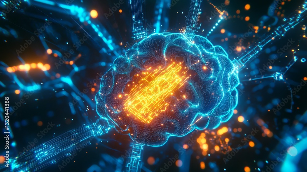 63.A close-up view of a digital brain connected to intricate blue circuit lines, with an AI microchip at its center, emitting a bright neon yellow light. The background is filled with technological 63.A close-up view of a digital brain connected to intricate blue circuit lines, with an AI microchip at its center, emitting a bright neon yellow light. The background is filled with technological