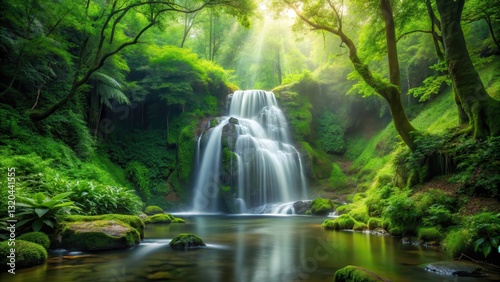 waterfall cascade in lush green forest, outdoors, forest floor,  outdoors, forest floor, leafy canopy