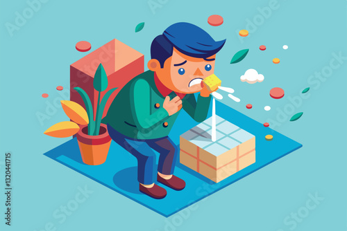 A person is sneezing indoors, surrounded by colorful plants and boxes on a flat surface, Sneezing Customizable Isometric Illustration