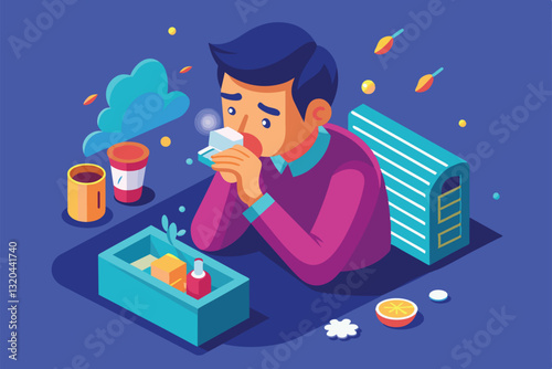 A customizable illustration features a person sneezing while using tissues and sitting beside a warm beverage, Sneezing Customizable Isometric Illustration