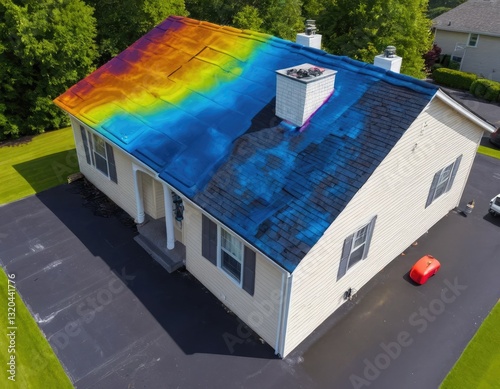 Drone image showing a heat map of a TPO roof during a thermal inspection.