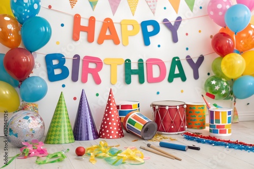 Colorful Birthday Party Decorations and Toys on Wooden Floor