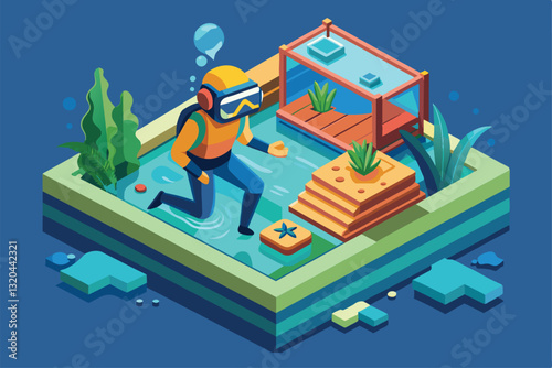 A snorkeler explores colorful aquatic life and plants in a stylized underwater environment, Snorkeling Customizable Isometric Illustration